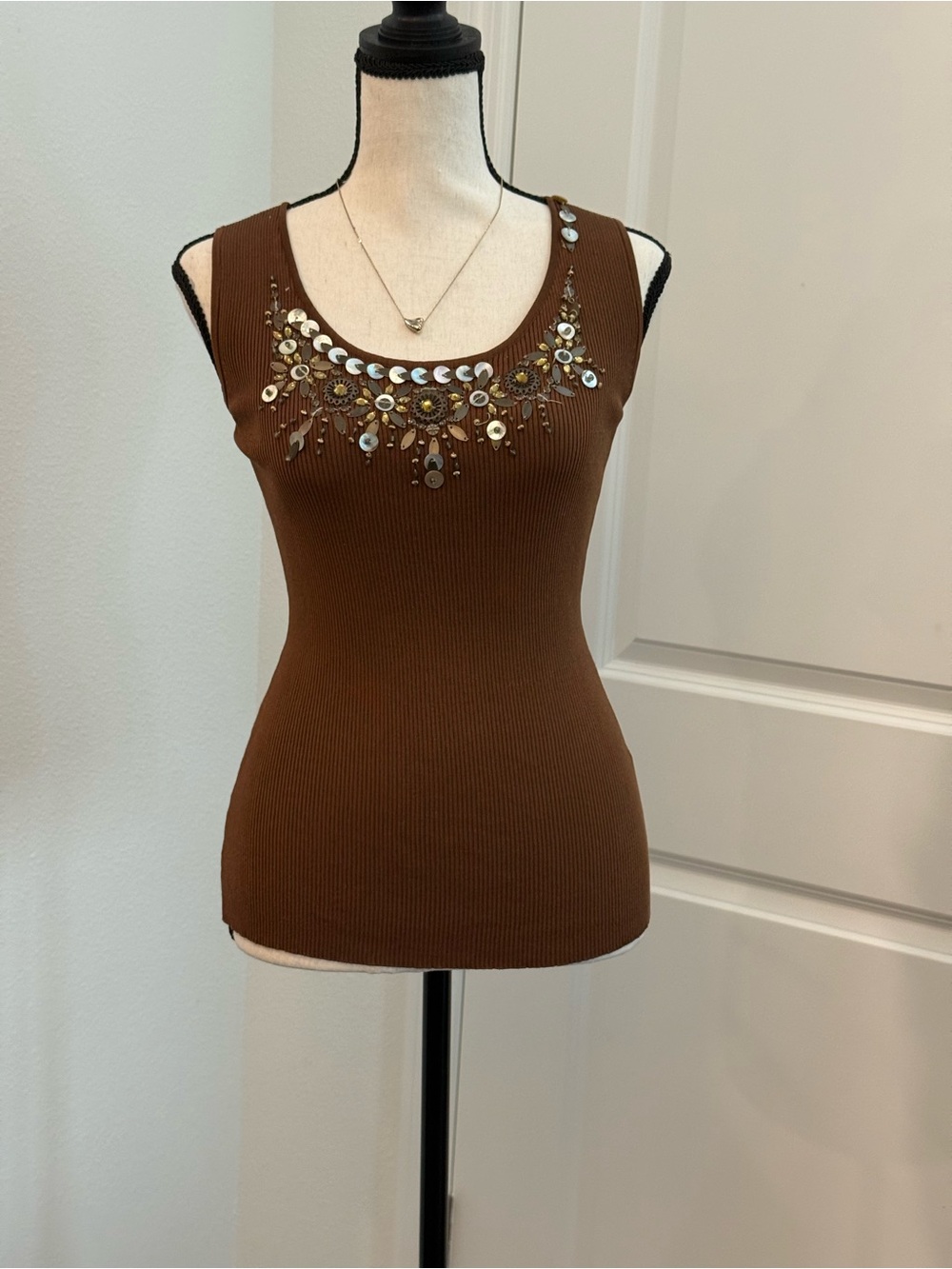 Ruby Rd. Brown Embellished Ribbed Tank
